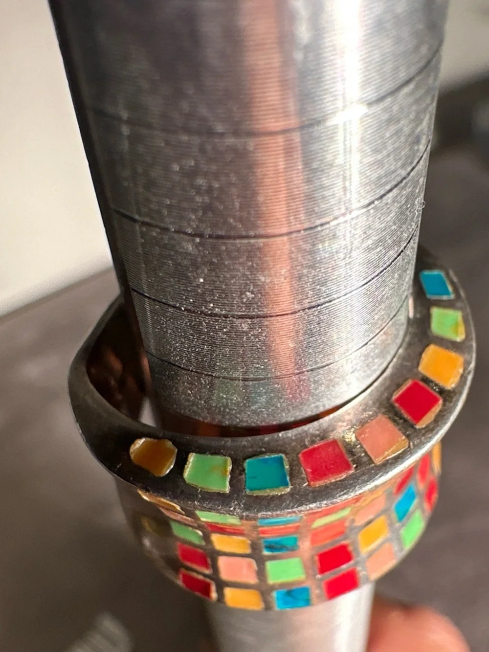 Vtg ZUNI ATI Sterling 925 Wide Band Pastel Mosaic Inlay Statement Ring Sz 7.5